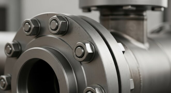 Close-up view of industrial metal flange with bolts and nuts, highlighting mechanical engineering and robust construction details