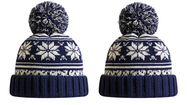 Navy blue knitted winter hat with snowflake pattern and pompom