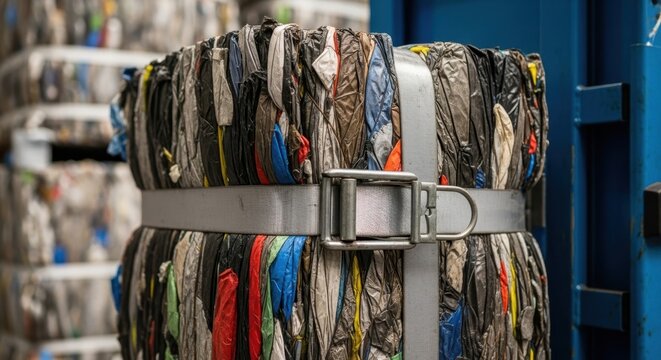 Compressed plastic waste baled tightly with industrial metal straps at a recycling facility