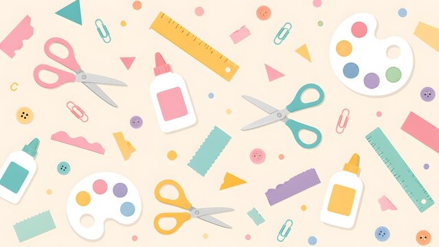 Back to school and craft supplies pattern cute vector illustration of scissors, glue, rulers, paint palettes, and stationery on beige background