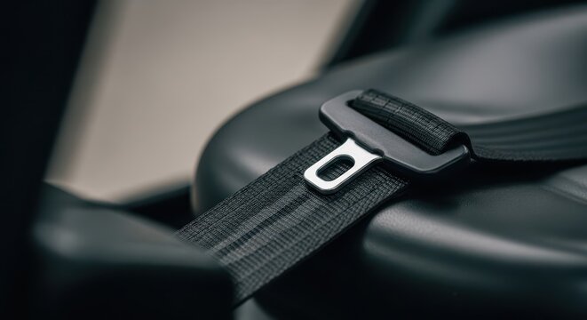 Detailed close-up of a black seatbelt buckle and strap attached to a dark vehicle seat, emphasizing safety and security.
