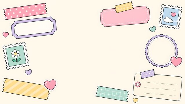 Cute stationery set with washi tape, frames, and heart stickers on a cream background