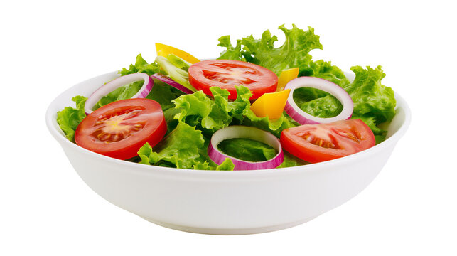 Fresh garden salad with tomatoes onions, and bell peppers in white bowl