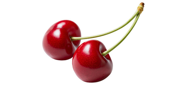 Two ripe red cherries with green stems