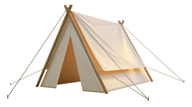 Canvas A-frame tent with wooden poles and guy ropes