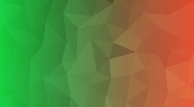 Low poly geometric background, with green to, orange gradient transition, triangular mesh pattern triangle