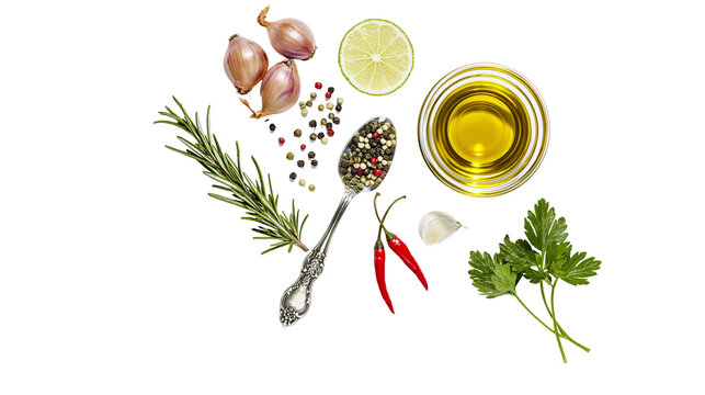 Shallots peppercorns rosemary chili peppers garlic lime olive oil, parsley