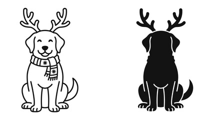 Festive Dog with Antlers and Scarf: A cheerful cartoon dog adorned with reindeer antlers and a cozy scarf, presented in both line art and silhouette styles, embodies holiday spirit. © Mohammad