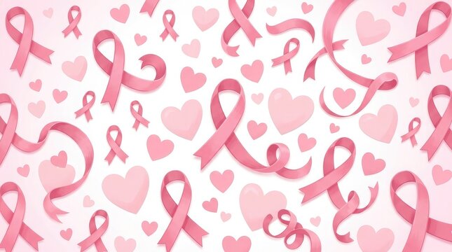 Breast cancer awareness month pink ribbons and hearts background