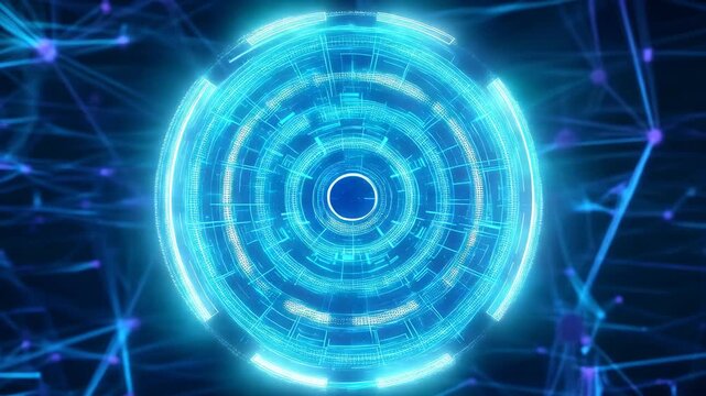Futuristic digital interface with glowing blue circular hud elements and network nodes