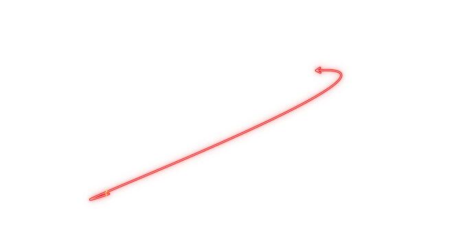 Dynamic glowing neon arrow. red luminous wavy curved pointing line, thin swoosh shape. for futuristic ui dashboard presentation layout, infographic display. cut out transparent object png.