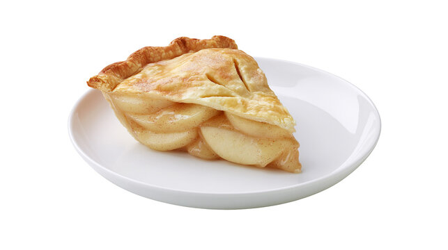 Slice of golden apple pie with lattice crust on white plate
