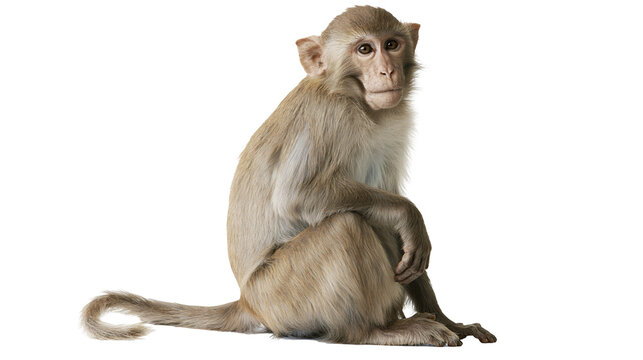 Rhesus macaque monkey sitting on white