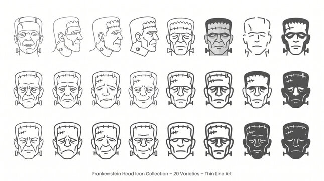 Collection of frankenstein head silhouette design element art. Happy Halloween Vector silhouette icons. Thin line style scary undead monster face icons for spooky autumn seasonal party design.