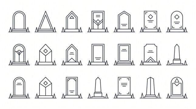 Collection of minimalist tombstone and headstone line icon design element art. Happy Halloween funeral cemetery memorial vector outline icons set. Simple gravestone monument graphic elements art.
