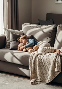 A cute little child sleeping peacefully on a grey sofa, hugging a small teddy bear under a warm knitted blanket in a sunlit living room