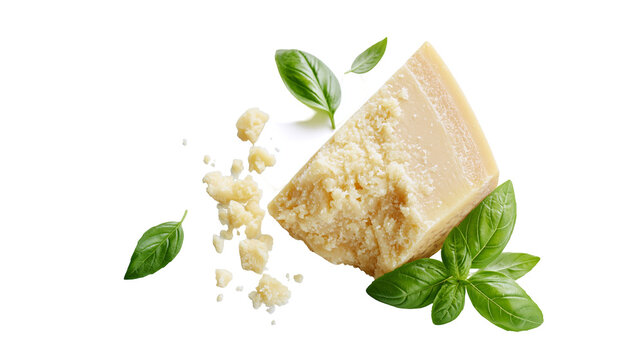 Parmesan cheese wedge with basil leaves and crumbs