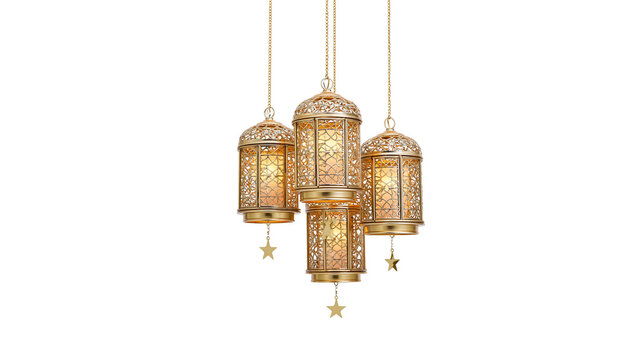 Group of four ornate gold hanging lanterns with star accents