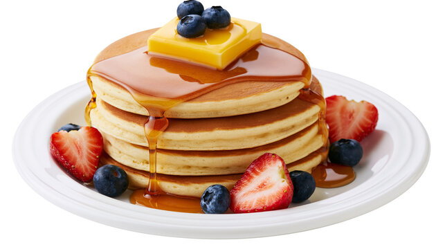 Stack of pancakes with butter blueberries strawberries, and syrup