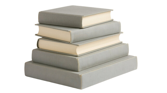 Stack of five hardcover books with grey covers and cream pages