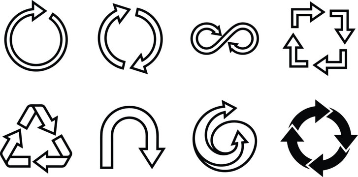 Circular Refresh Loop and Recycle Arrow Line Icon Set with Infinity Infinity Square Turn and Spiral Flow Graphic Symbols for Interface Designs