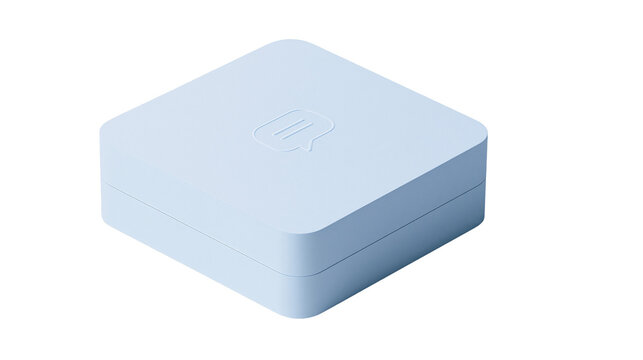 Light blue square box with embossed chat bubble logo