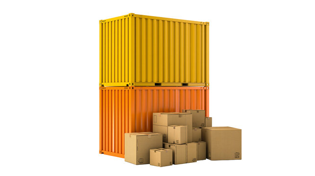 Stacked orange and yellow shipping containers with cardboard boxes