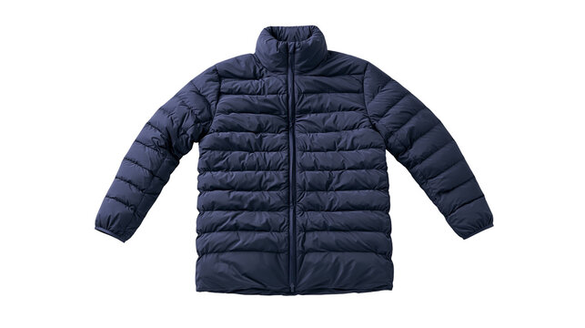 Navy blue quilted puffer jacket with high collar