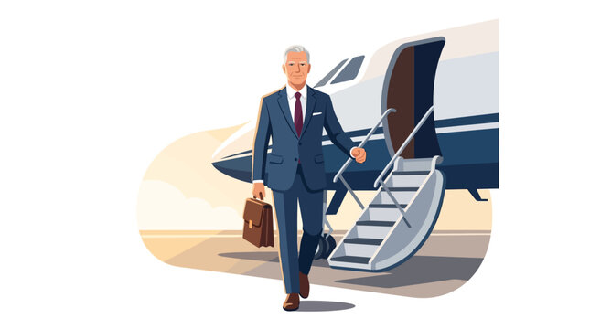 Successful senior executive disembarking from private jet after business trip flat vector illustration