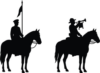 Black vector silhouettes of cavalry soldiers on horseback holding a flag and playing a bugle instrument © Mdjoshel 