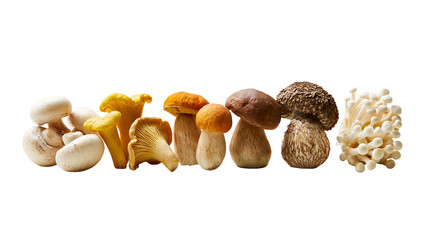 Assorted edible mushrooms including chanterelle porcini enoki, and button mushrooms © Pablo