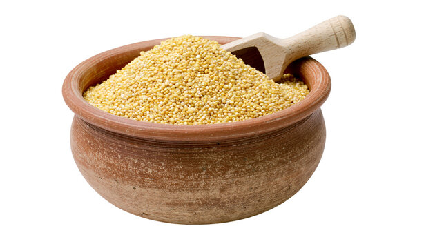 Clay pot filled with millet seeds and wooden scoop