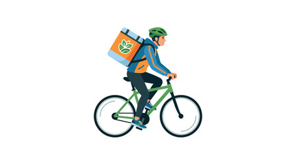 Fototapeta premium Bicycle courier riding a green bike with thermal backpack for eco-friendly food delivery service flat vector illustration.