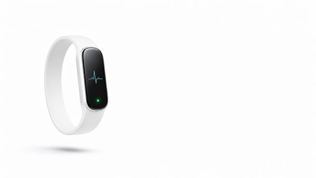 White fitness tracker with heartbeat display floating above clean background