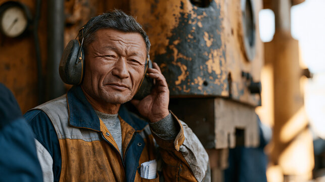 Sami factory worker dignity portrait series shows a middle-aged man in protective gear pausing beside a hulking industrial stamping press, removing hearing protection to speak
