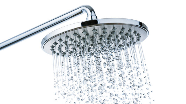 Chrome shower head with falling water droplets