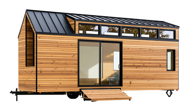 Modern tiny house on wheels with wood siding and black metal roof