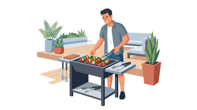 Happy man grilling healthy vegetable skewers on backyard patio deck flat vector illustration