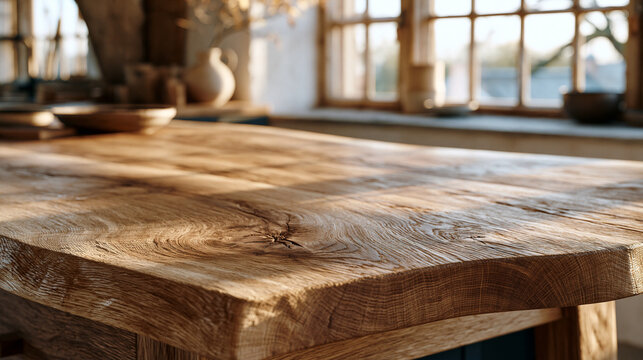 Wide-grain oak board surface with natural knot lines and smooth finish under warm afternoon sun streaming through rustic barn window, backdrop for artisan woodworking studio,