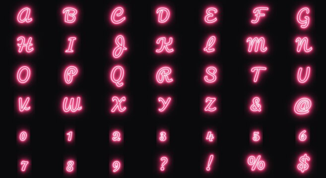 pink neon alphabet and number set png, a collection of pink neon letters, numbers, and symbols glowing against a black background. The set includes uppercase and lowercase letters, digits from 0 to 9.