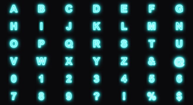 glowing alphabet letters, neon letters and numbers png, a complete alphabet set with numbers and special characters, all rendered in a bright, glowing cyan neon light against a dark, black background.