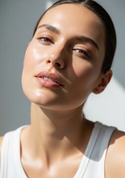 Close-up face portrait of a young woman with glowing skin tilted back in bright direct sunlight with hard shadows on a grey background