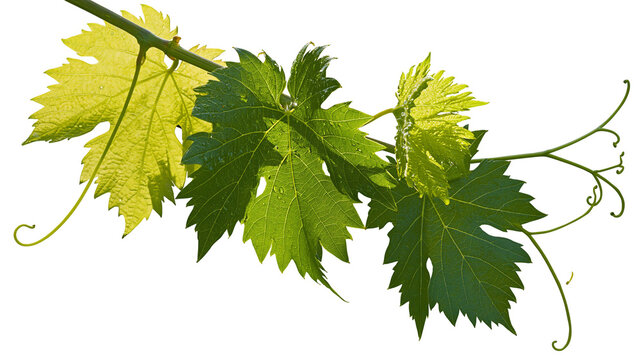 Green grape vine leaves and tendrils on white