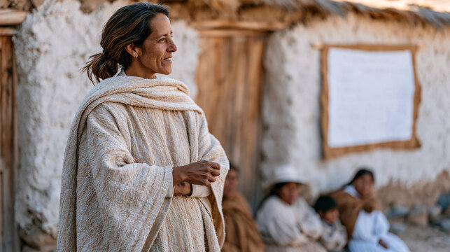 Peruvian rural clinic administrator projecting healthcare cost reform figures onto a whitewashed wall for a community health meeting, handmade charts, seated villagers, efficiency