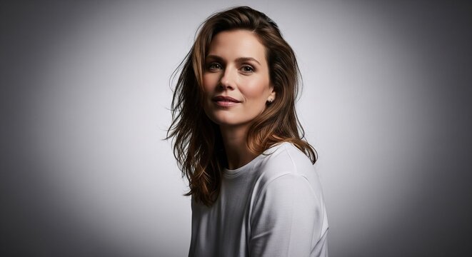 Cinematic portrait of a woman looking at the camera with dramatic light.