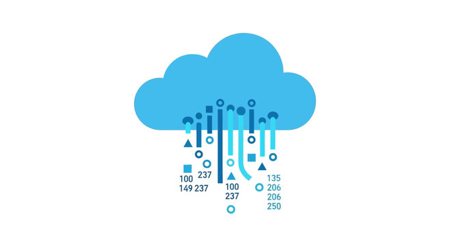 Cloud computing, data storage, technology icons, vector graphics, blue digital rain isolated on White Background