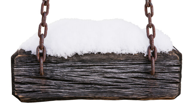 Rustic wooden sign covered in snow with rusty chains
