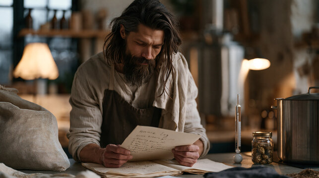 Bearded Kazakh man leaning over kitchen counter reading hand-labeled home brewing log beside mesh grain bag and stainless fermenting kettle, hydrometer glass beside hops jar,