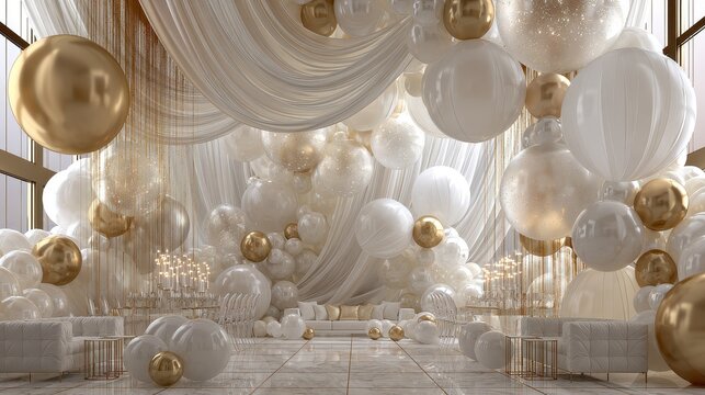Elegant party decor glamorous balloons shimmering accents upscale event styling festive charm focus on exclusive celebration theme ethereal Overlay modern luxury event space backdrop. 