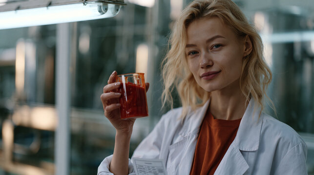 Kazakh food factory quality control analyst holds a glass container of tomato paste up to a fluorescent inspection lamp, grading color and consistency against a printed standard